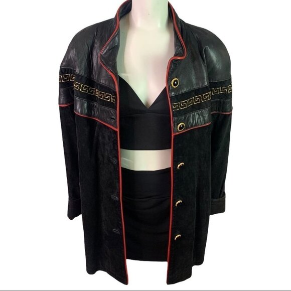 DI CAPRA INTERNATIONAL  LEATHER JACKET WITH RED LEATHER TRIM GOLD BUTTONS LARGE - Picture 1 of 12
